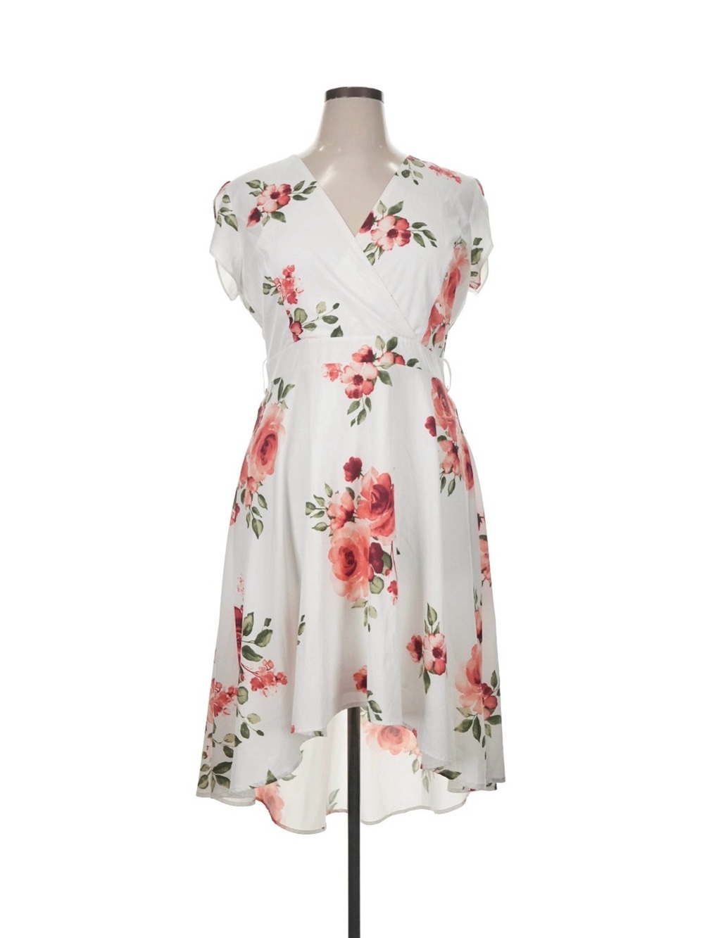 White Floral High-Low Dress with Pink Rose Print